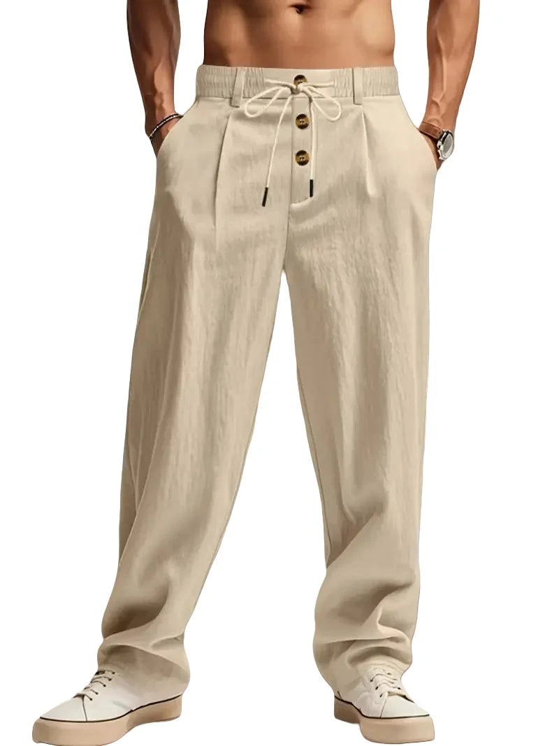 New men's cotton and linen casual breathable pants, fashionable street sport pants, beach and outdoor loose straight pants