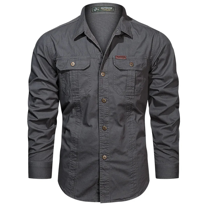 2026 Spring Shirts Men Long Sleeve Casual 100% Cotton High Quality Camisa Military Shirts Fashion Brand Clothing Black Blouse