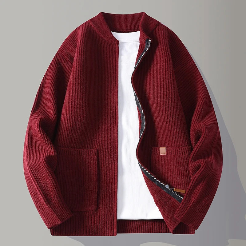 Autumn Winter Youthful Vitality Knit Sweatercoat Men Stand Collar Loose Casual Knitted Cardigan Mens Chic Casual Sweater Jackets