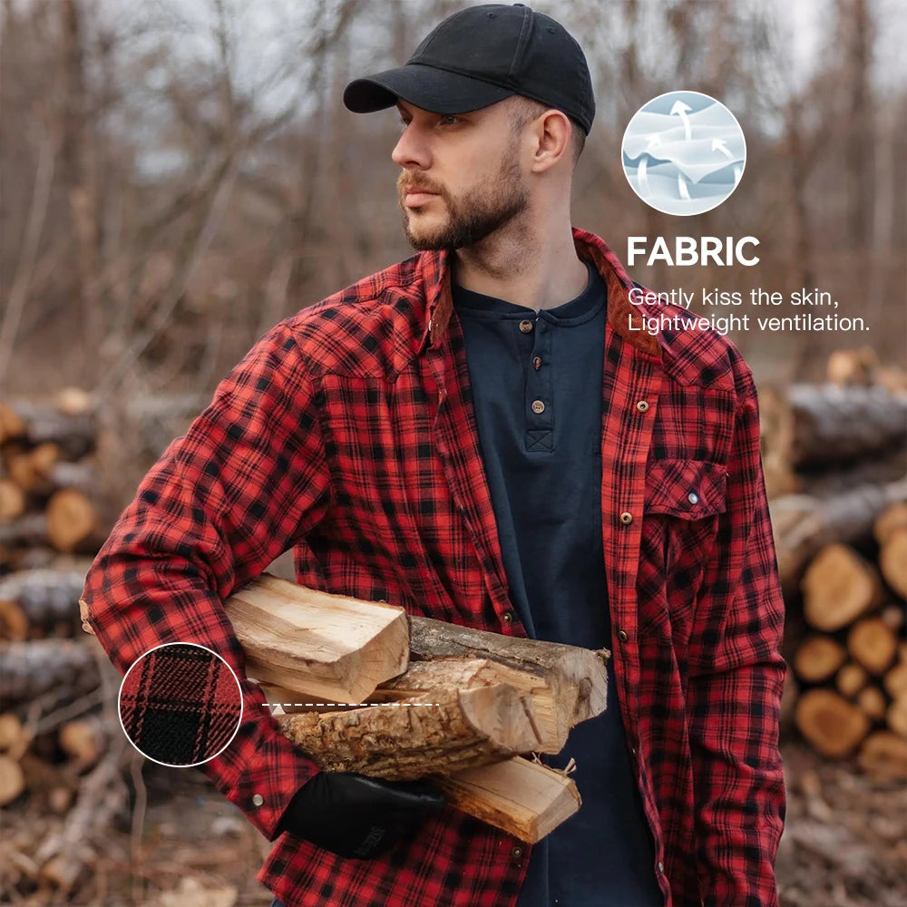 Men's Shirts Spring Flannel Long Sleeve Plaid Checkered Brushed Casual Western Cowboy Pearl Snap Shirt Popular Clothes US Size