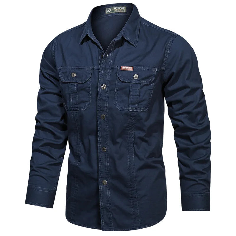 2026 Spring Shirts Men Long Sleeve Casual 100% Cotton High Quality Camisa Military Shirts Fashion Brand Clothing Black Blouse