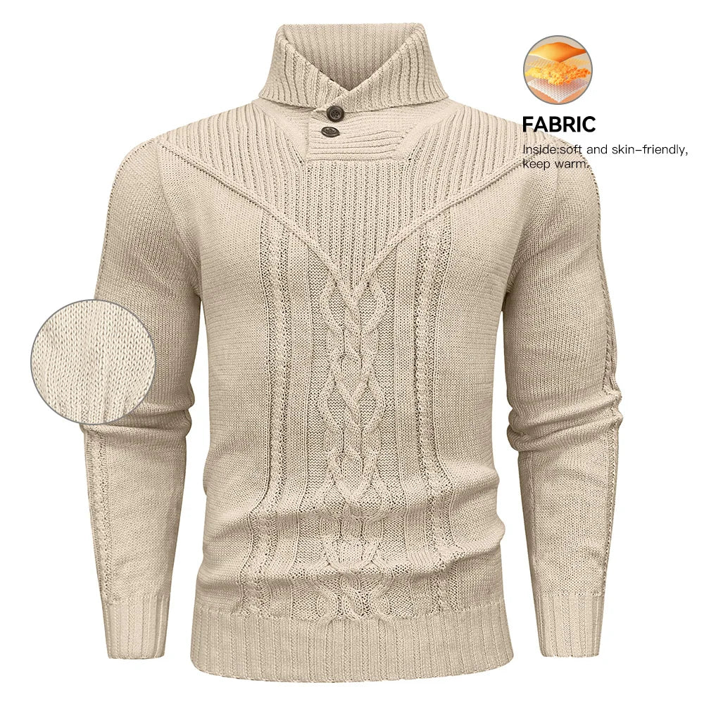 Men's Sweater Winter Shawl Collar Pullover Sweater Casual Cable Knit Button Sweaters Woolen Solid Color  Fleece Tops US Size