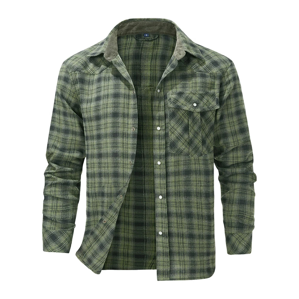 Men's Shirts Spring Flannel Long Sleeve Plaid Checkered Brushed Casual Western Cowboy Pearl Snap Shirt Popular Clothes US Size