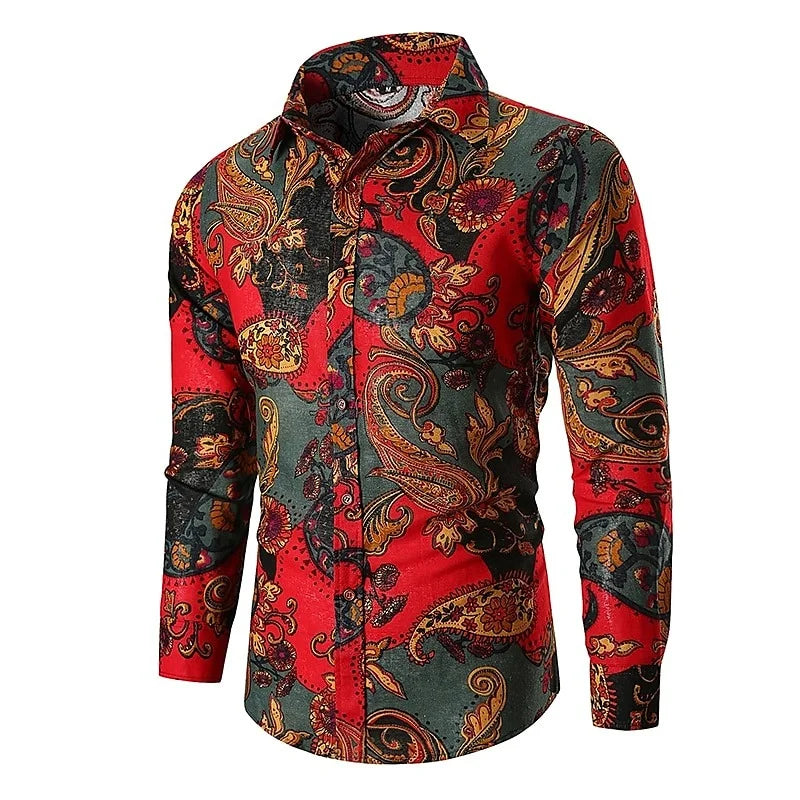 Fashionable Paisley tribal pattern shirt, fashionable 3D printed long sleeved shirt, loose collared men's shirt