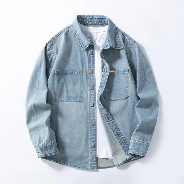 Vintage American-style men's versatile thin non-stretch denim loose-fitting shirt