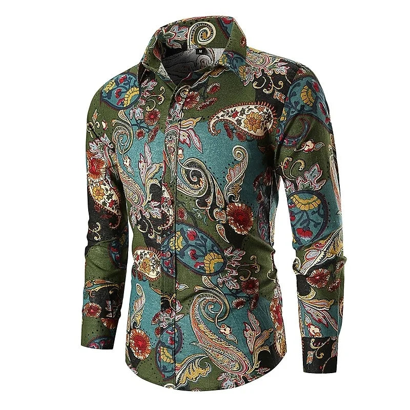 Fashionable Paisley tribal pattern shirt, fashionable 3D printed long sleeved shirt, loose collared men's shirt