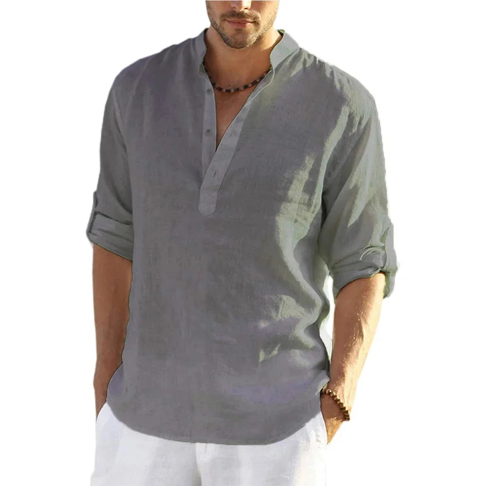 Cotton Linen Hot Sale Men Long-Sleeved Shirts Summer Solid Color Stand-Up Collar Casual Beach Style Plus Size