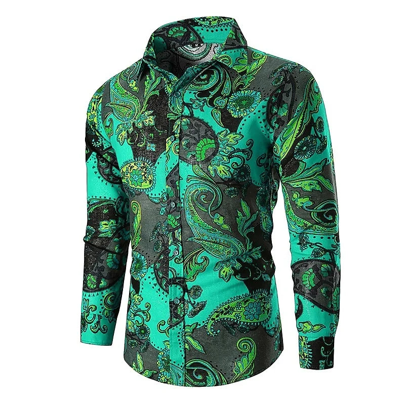 Fashionable Paisley tribal pattern shirt, fashionable 3D printed long sleeved shirt, loose collared men's shirt