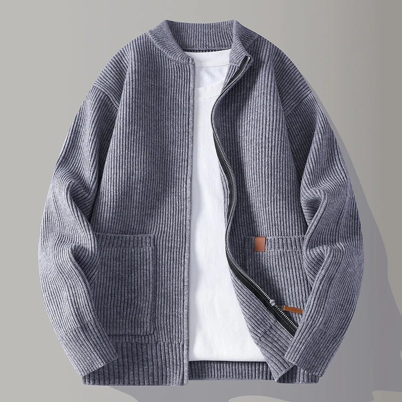 Autumn Winter Youthful Vitality Knit Sweatercoat Men Stand Collar Loose Casual Knitted Cardigan Mens Chic Casual Sweater Jackets