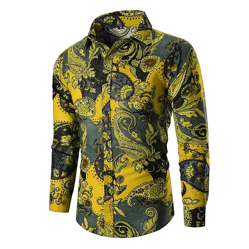 Fashionable Paisley tribal pattern shirt, fashionable 3D printed long sleeved shirt, loose collared men's shirt