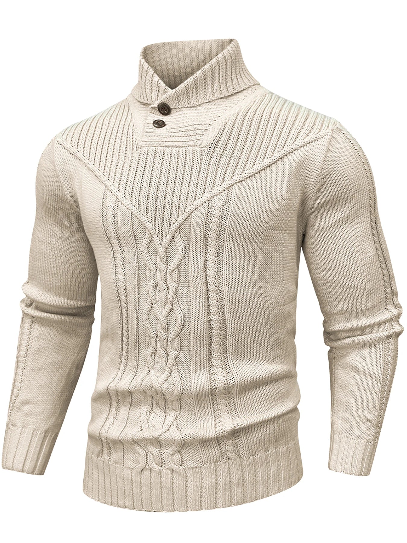 Men's Sweater Winter Shawl Collar Pullover Sweater Casual Cable Knit Button Sweaters Woolen Solid Color  Fleece Tops US Size