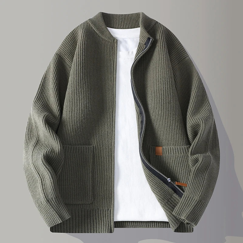 Autumn Winter Youthful Vitality Knit Sweatercoat Men Stand Collar Loose Casual Knitted Cardigan Mens Chic Casual Sweater Jackets