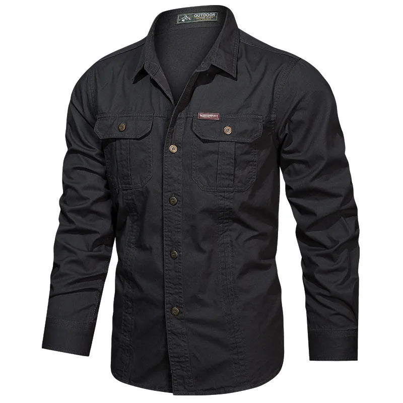2026 Spring Shirts Men Long Sleeve Casual 100% Cotton High Quality Camisa Military Shirts Fashion Brand Clothing Black Blouse