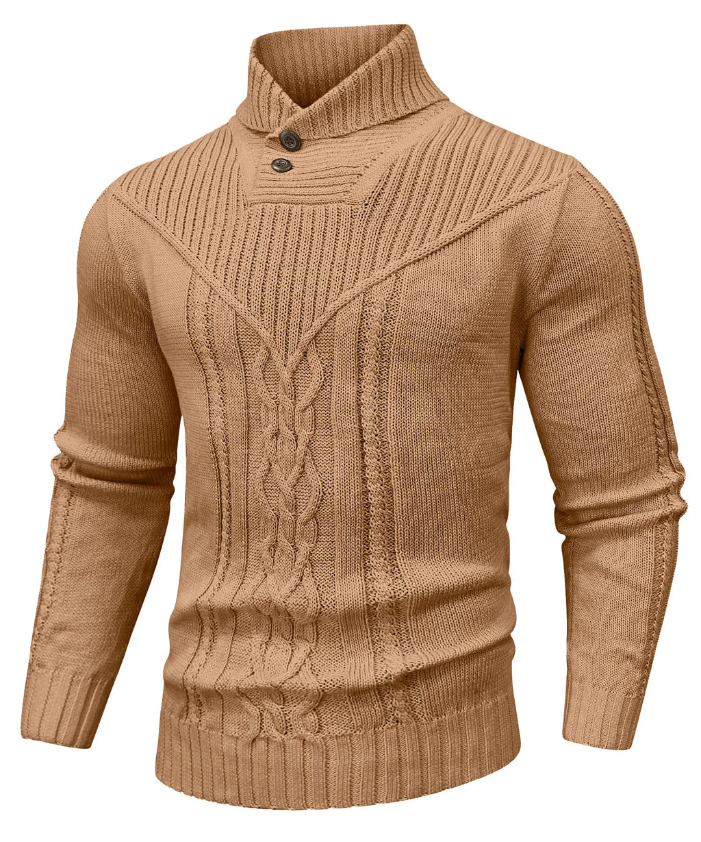 Men's Sweater Winter Shawl Collar Pullover Sweater Casual Cable Knit Button Sweaters Woolen Solid Color  Fleece Tops US Size