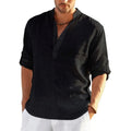 Cotton Linen Hot Sale Men Long-Sleeved Shirts Summer Solid Color Stand-Up Collar Casual Beach Style Plus Size