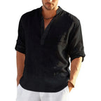 Cotton Linen Hot Sale Men Long-Sleeved Shirts Summer Solid Color Stand-Up Collar Casual Beach Style Plus Size